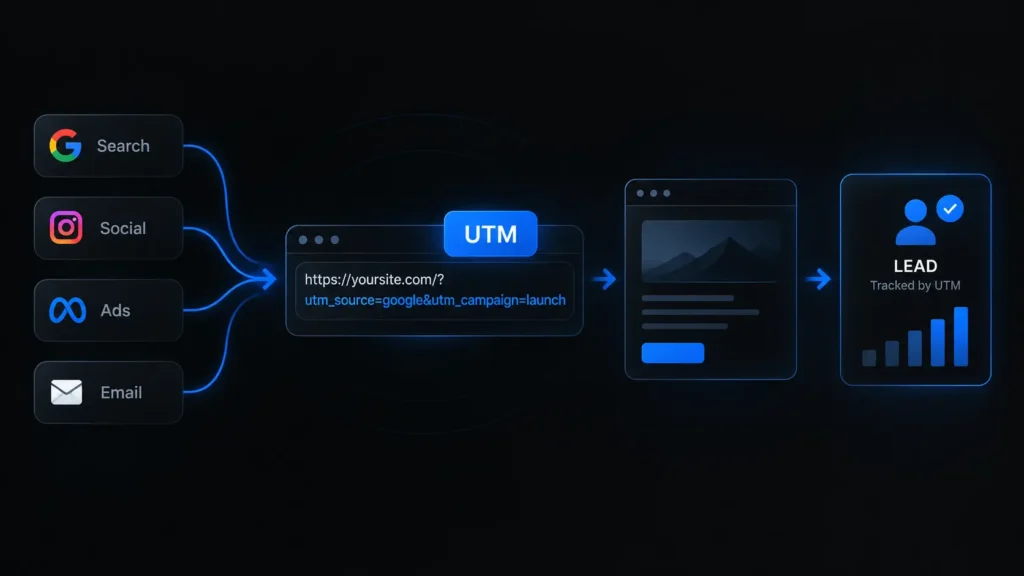 Схема роботи UTM-міток: джерела трафіку ведуть на сайт, де відстежуються переходи, заявки та клієнти